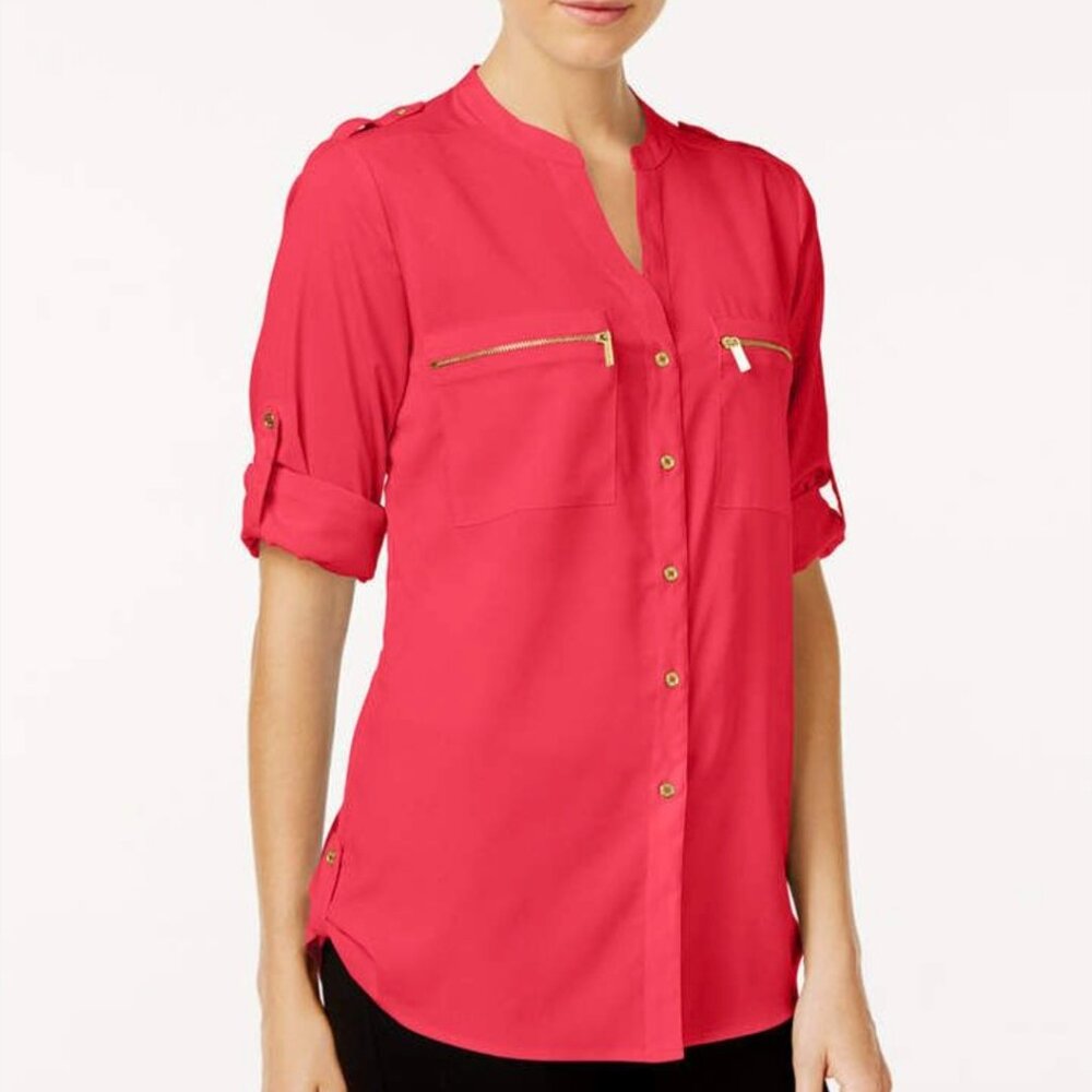 Watermelon Pink Gold Button Zip Pockets Roll Sleeve Button Up Blouse Top Shirt
